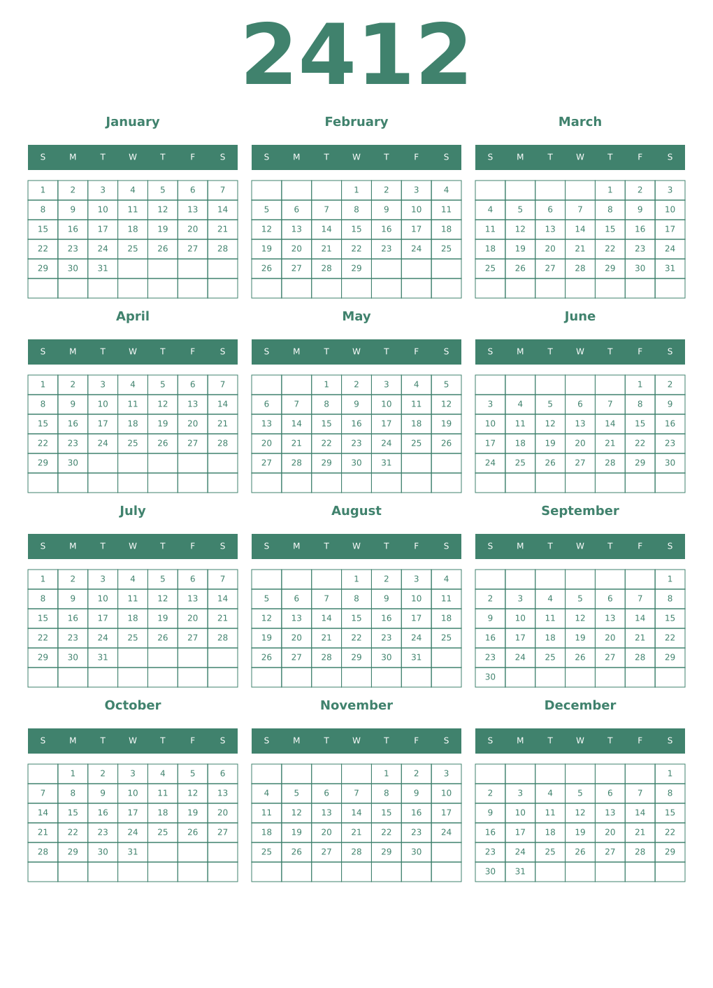 Printable 2412 Year Calendars viridian