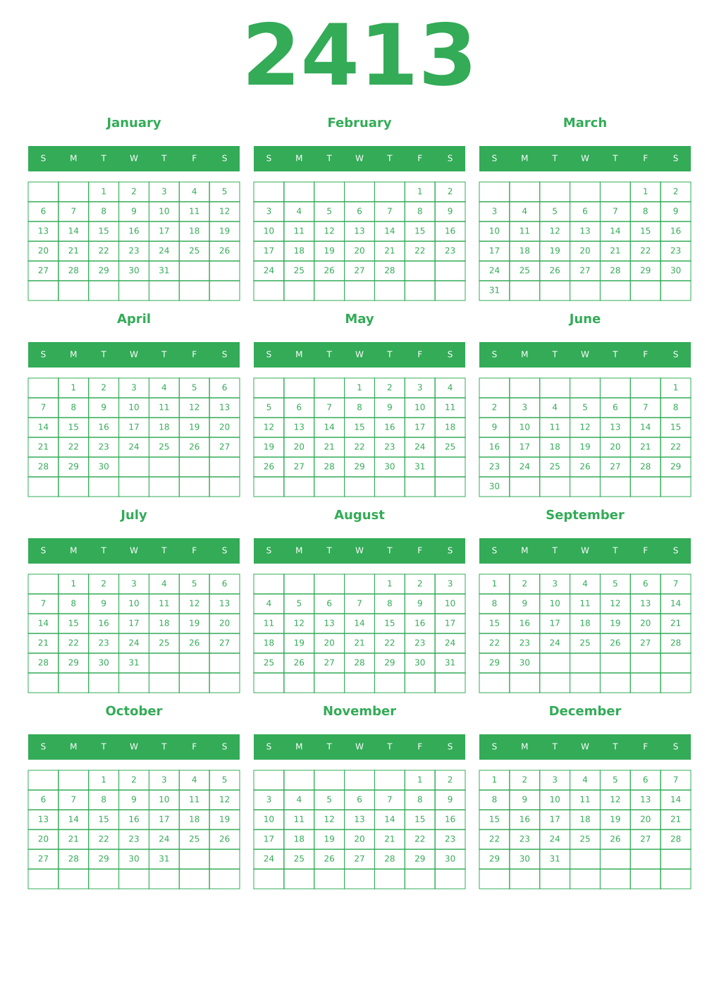 Printable 2413 Year Calendars green