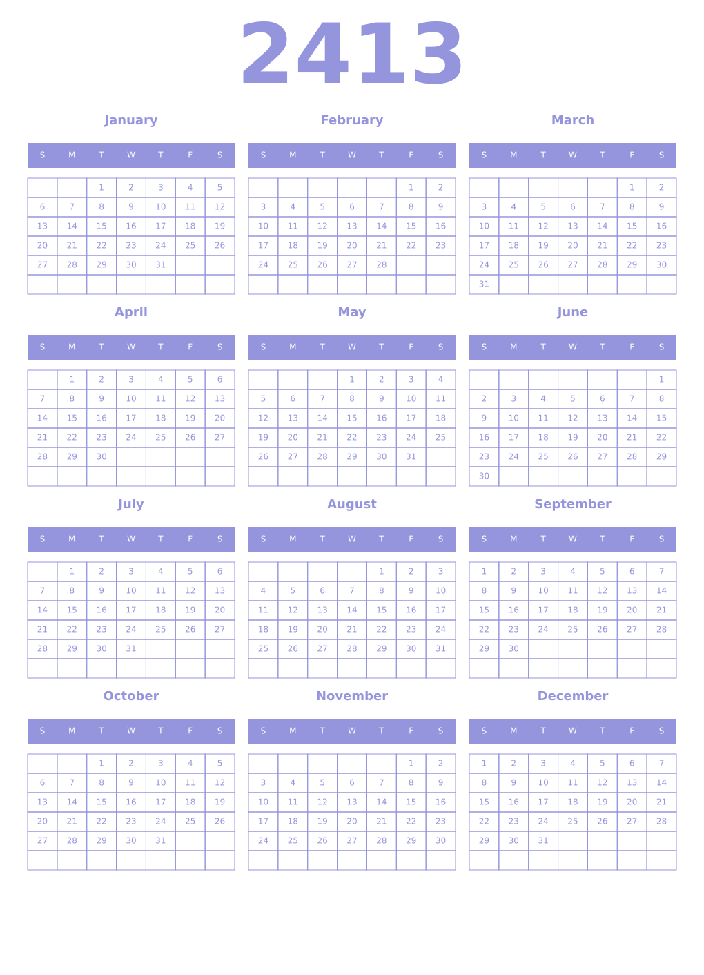 Printable 2413 Year Calendars periwinkle