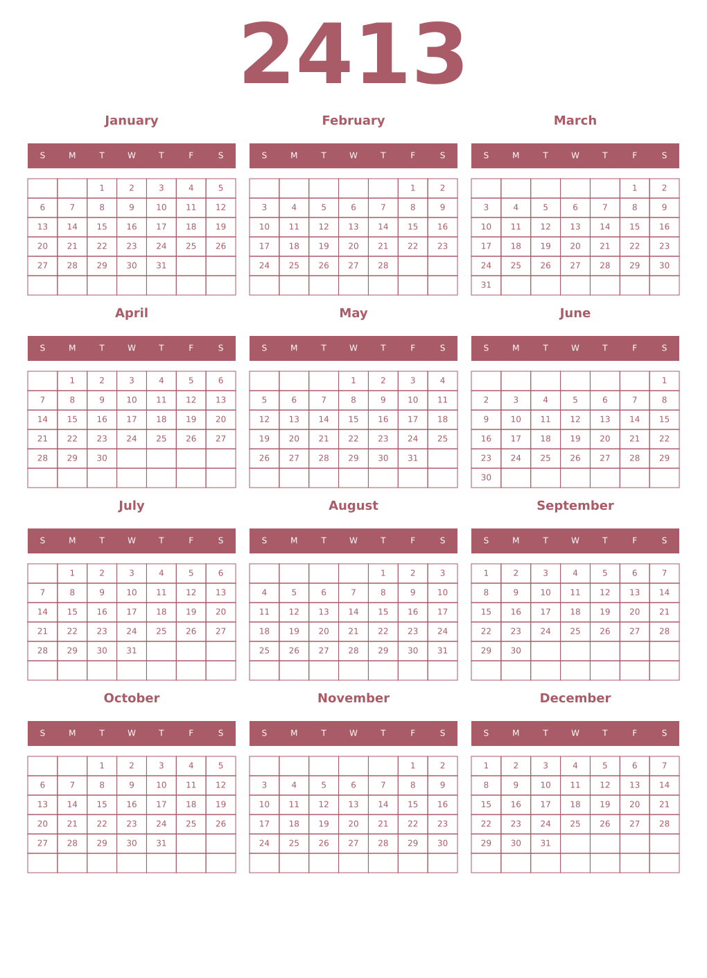 Printable 2413 Year Calendars puce