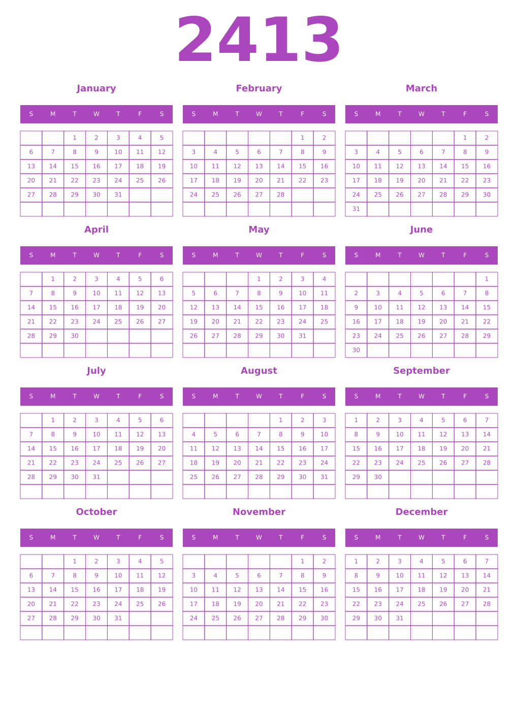 Printable 2413 Year Calendars purple