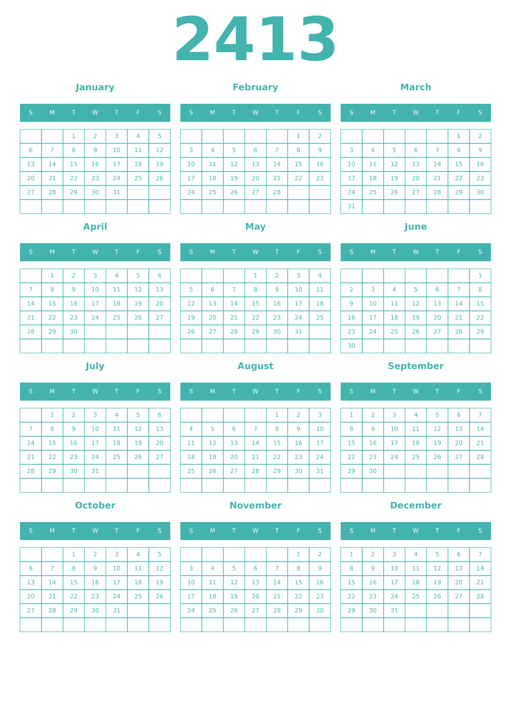 Printable 2413 Year Calendars verdigris