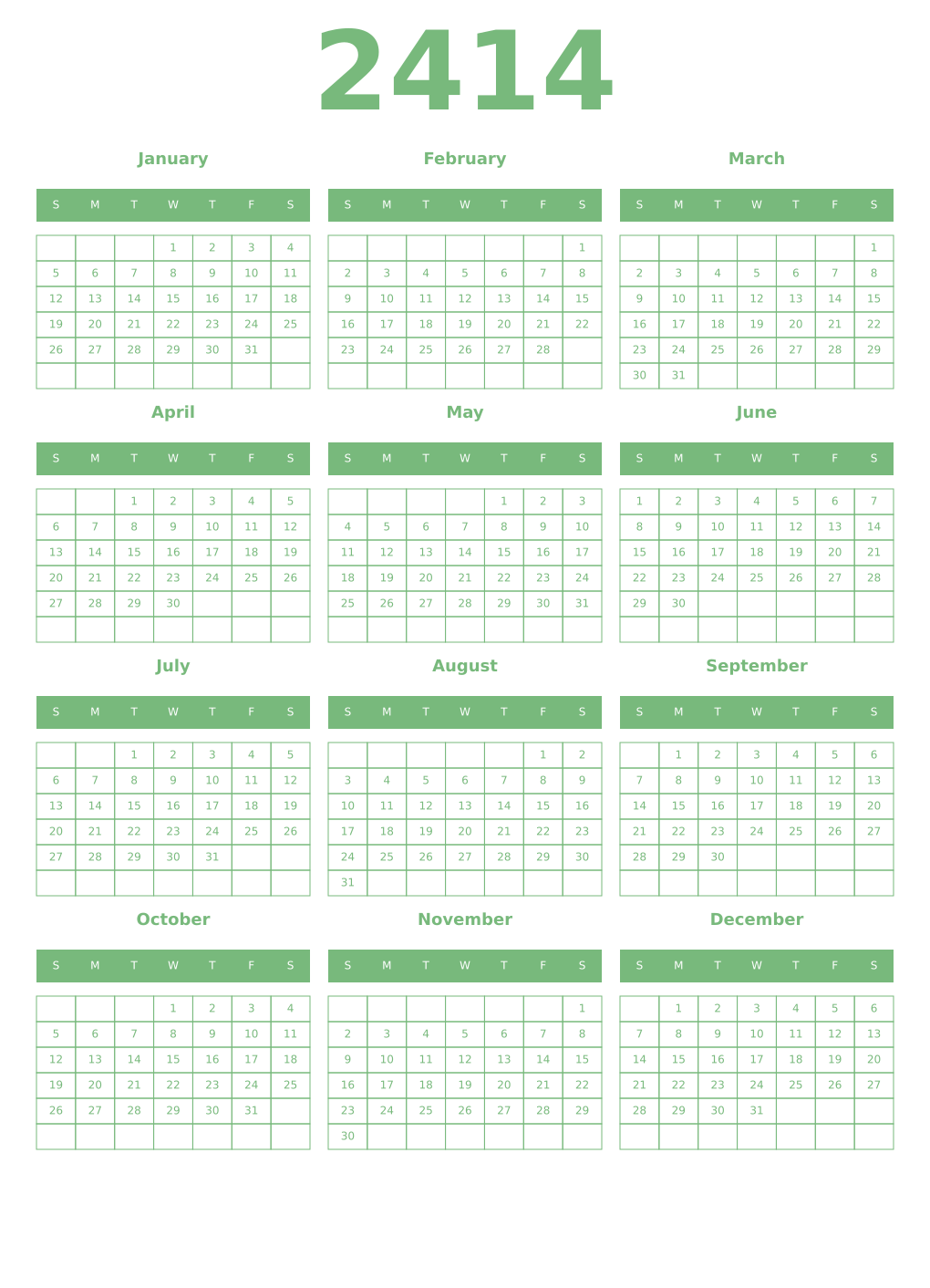 Printable 2414 Year Calendars celadon
