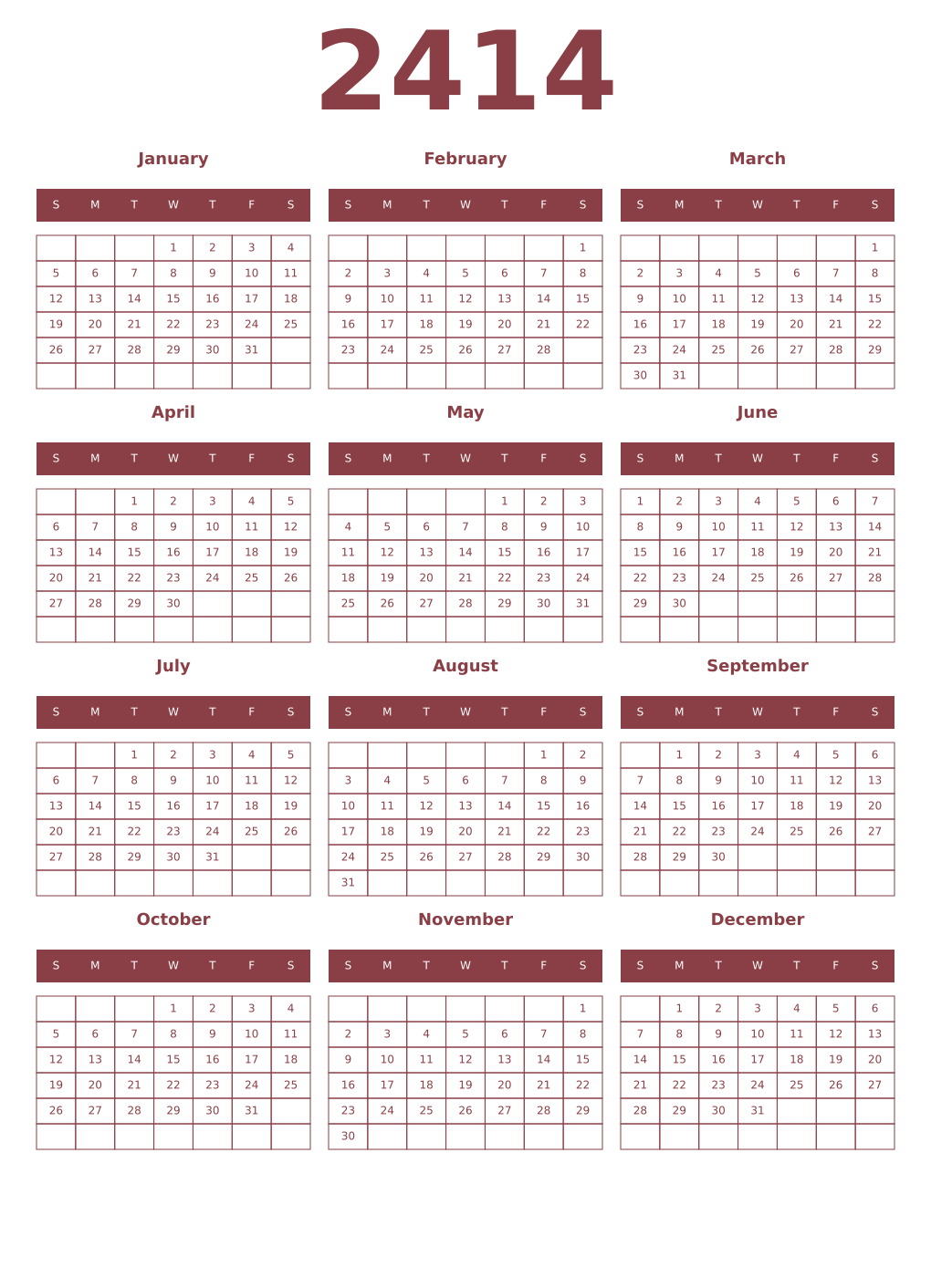 Printable 2414 Year Calendars cordovan