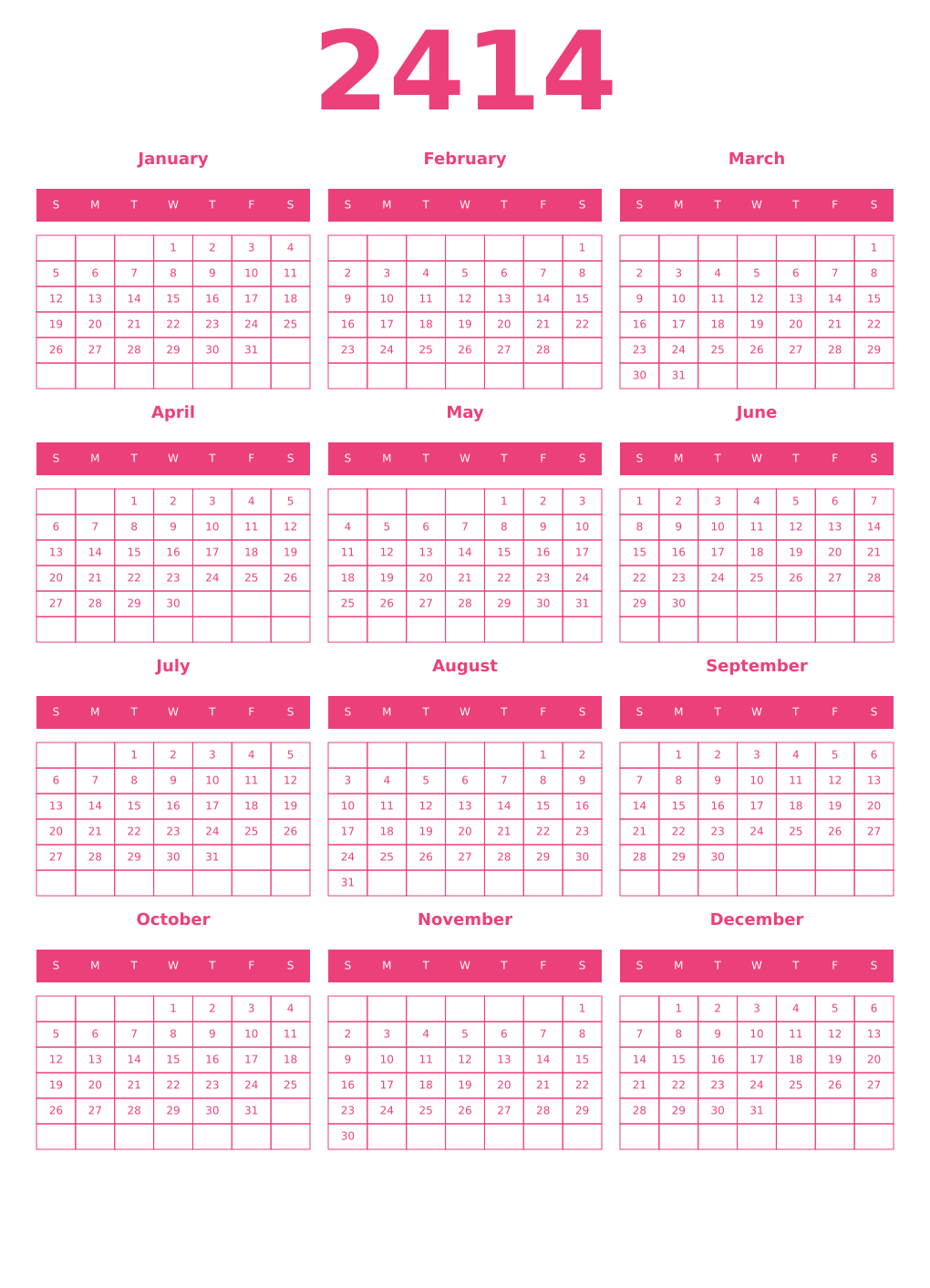 Printable 2414 Year Calendars pink
