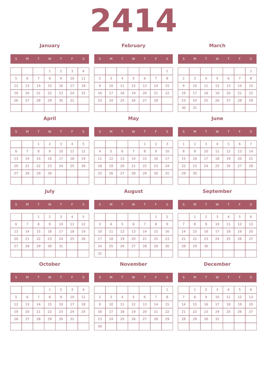 Printable 2414 Year Calendars puce