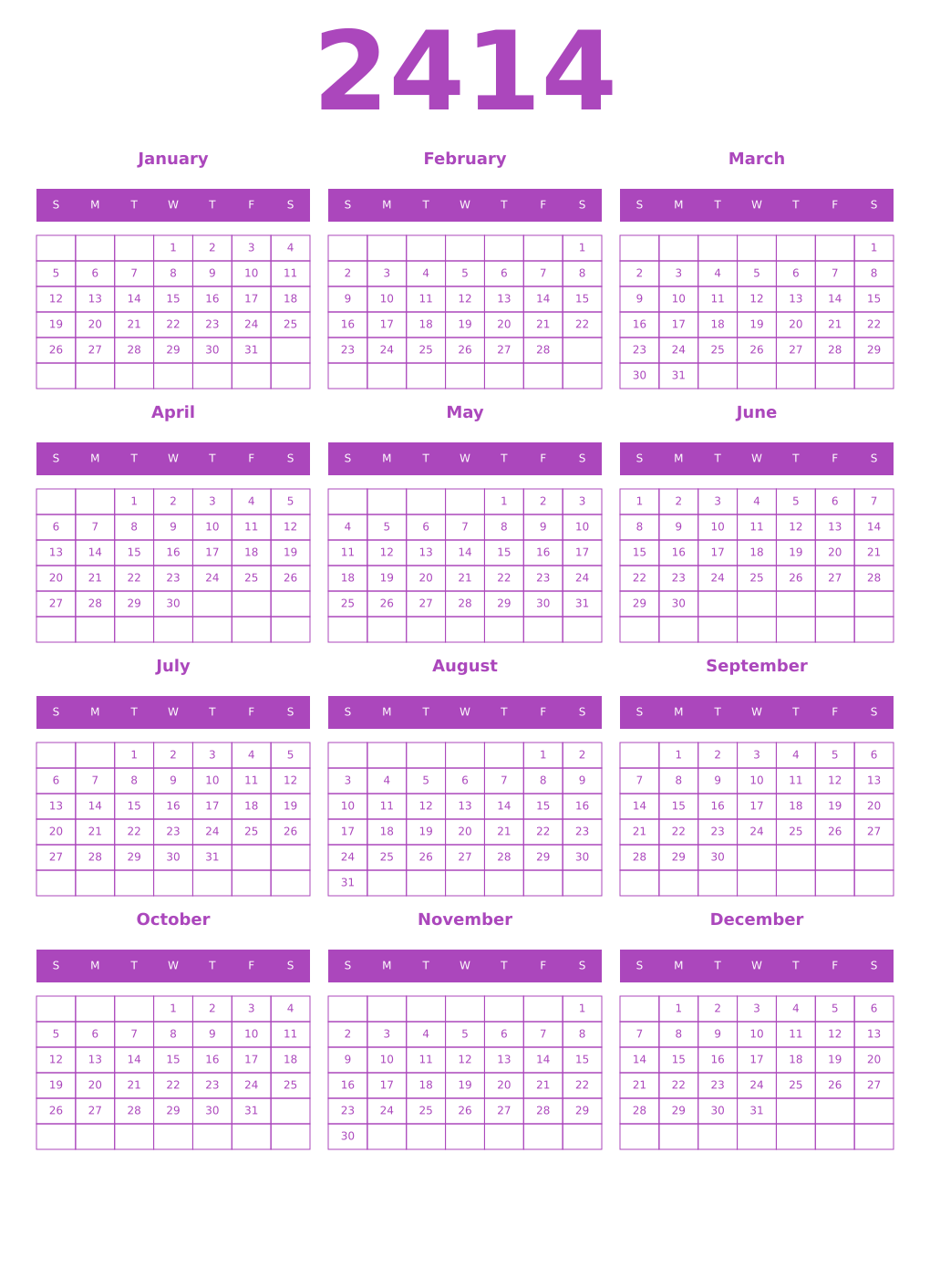 Printable 2414 Year Calendars purple
