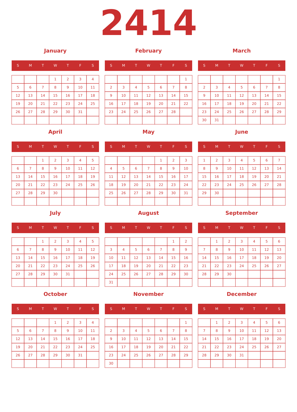 Printable 2414 Year Calendars red