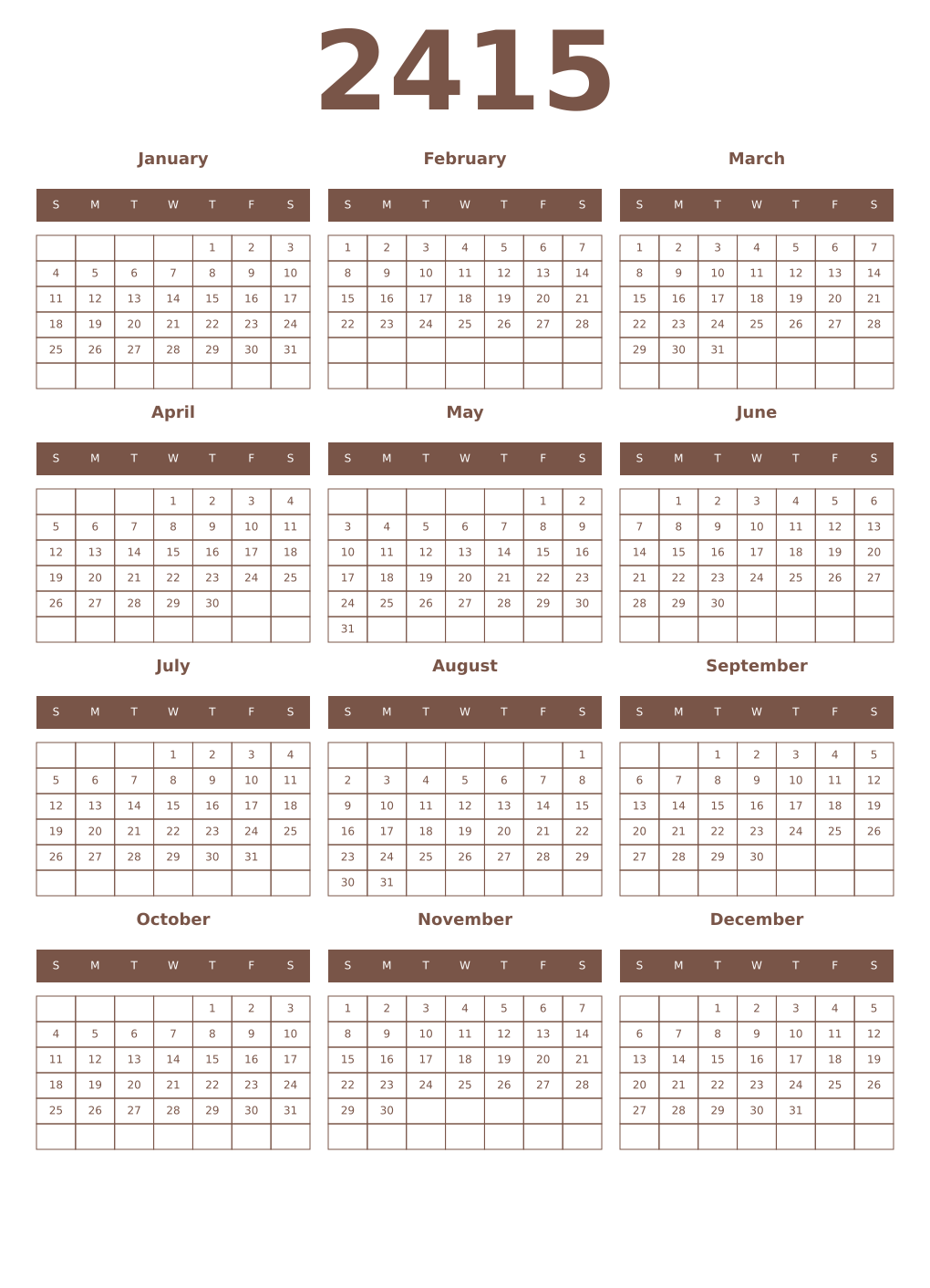 Printable 2415 Year Calendars coffe