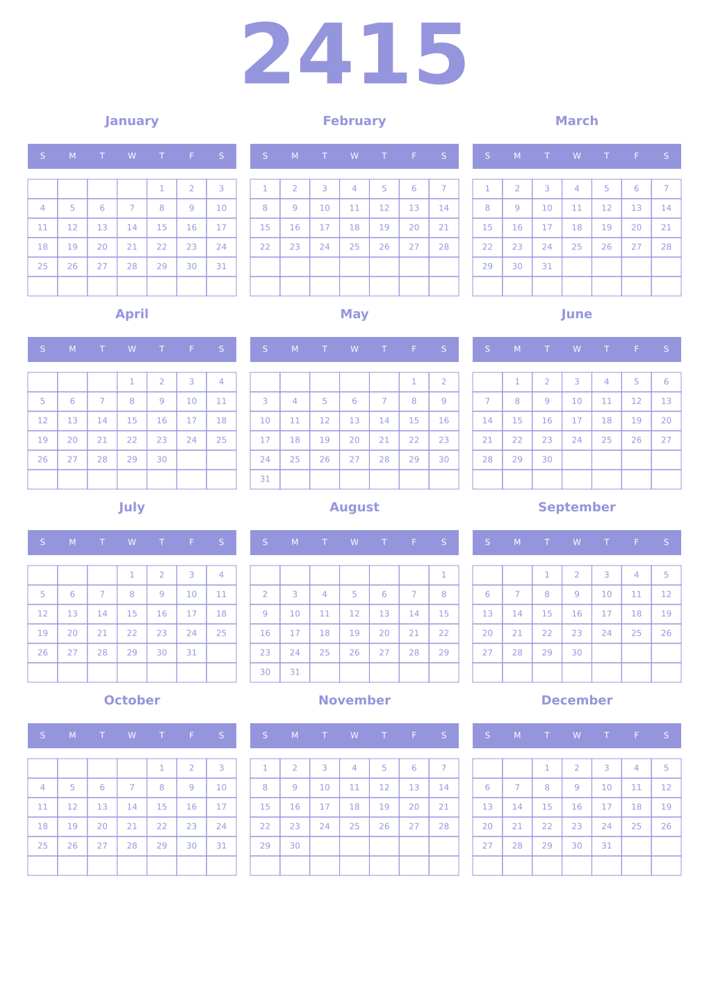 Printable 2415 Year Calendars periwinkle