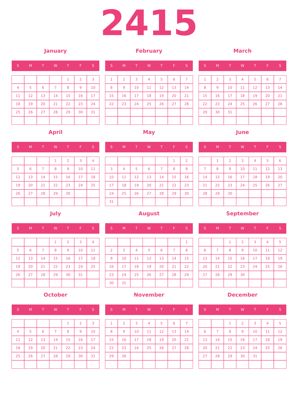 Printable 2415 Year Calendars pink