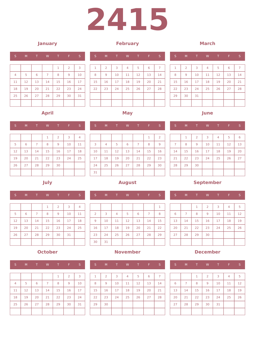 Printable 2415 Year Calendars puce