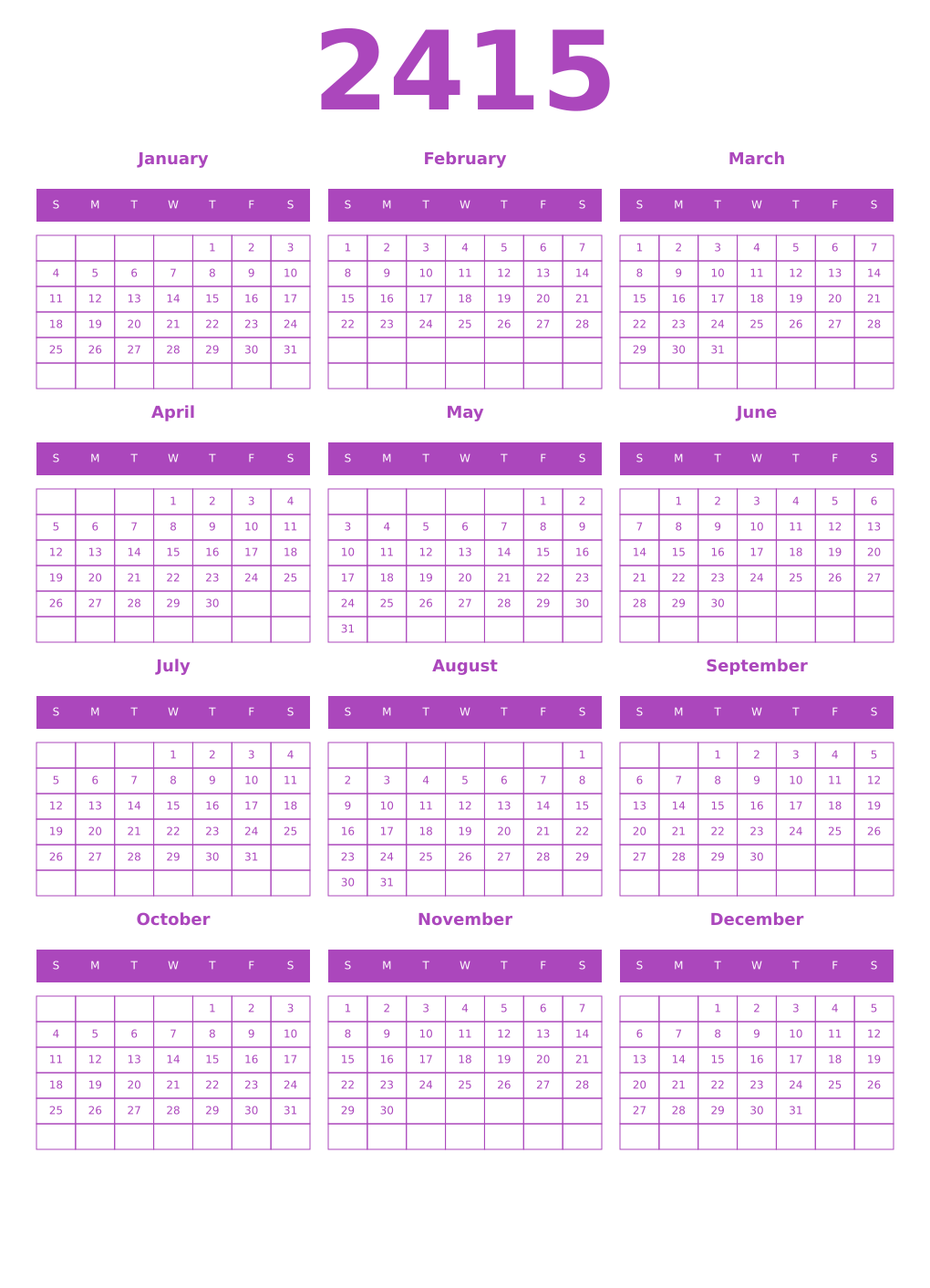 Printable 2415 Year Calendars purple