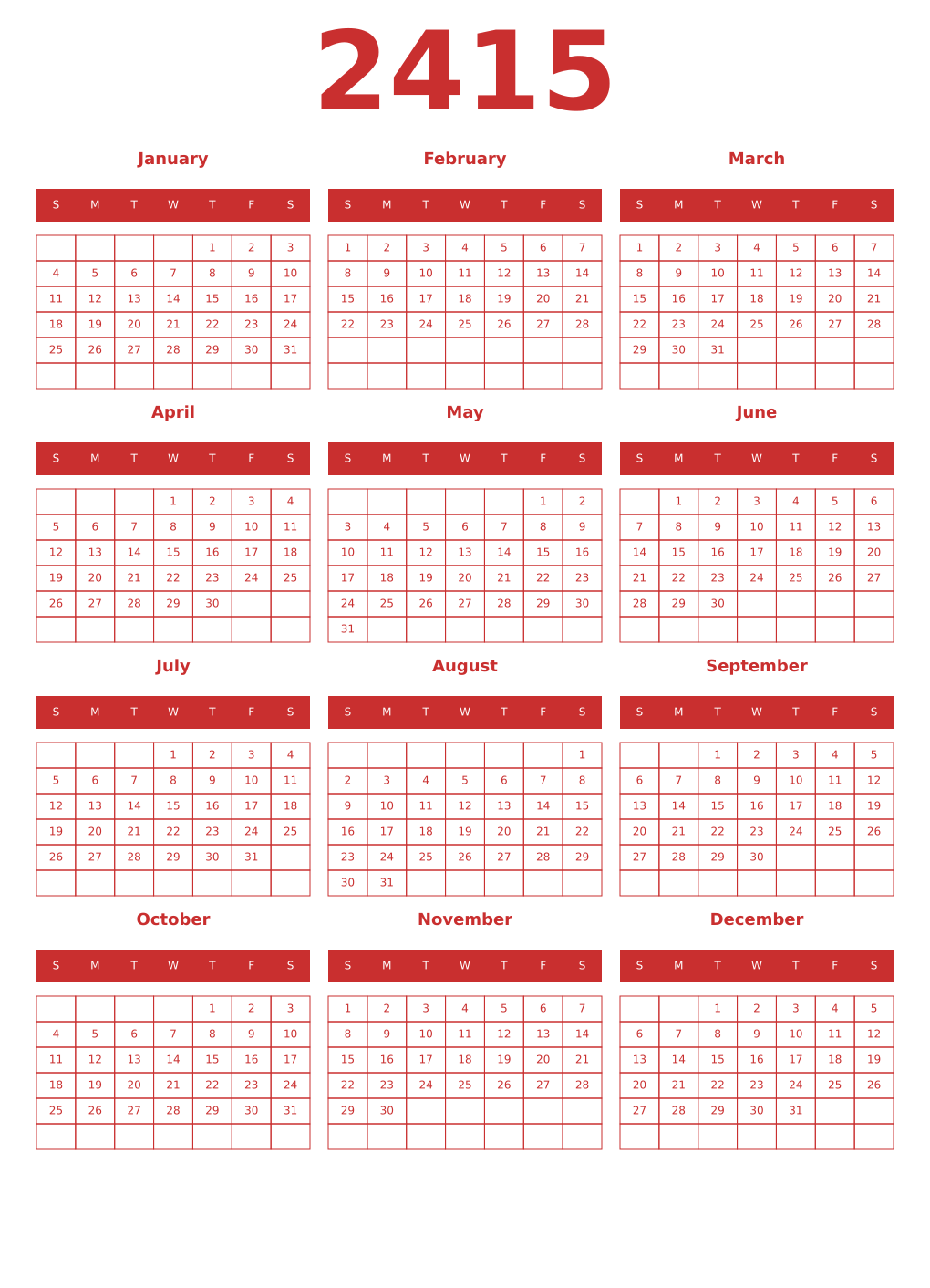 Printable 2415 Year Calendars red