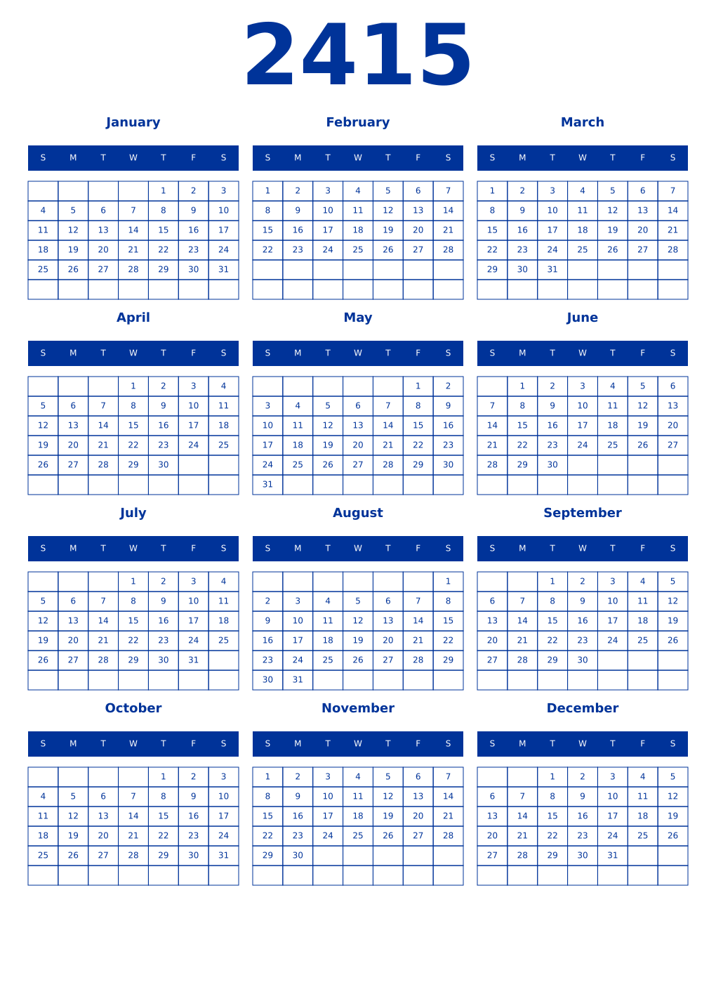 Printable 2415 Year Calendars smalt