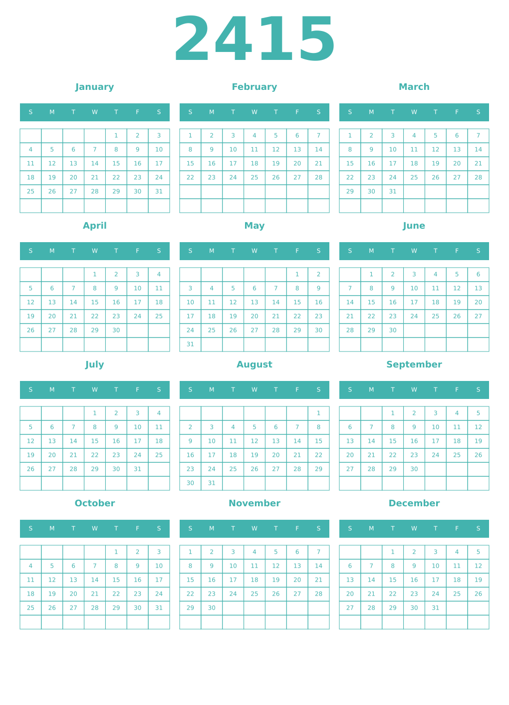 Printable 2415 Year Calendars verdigris