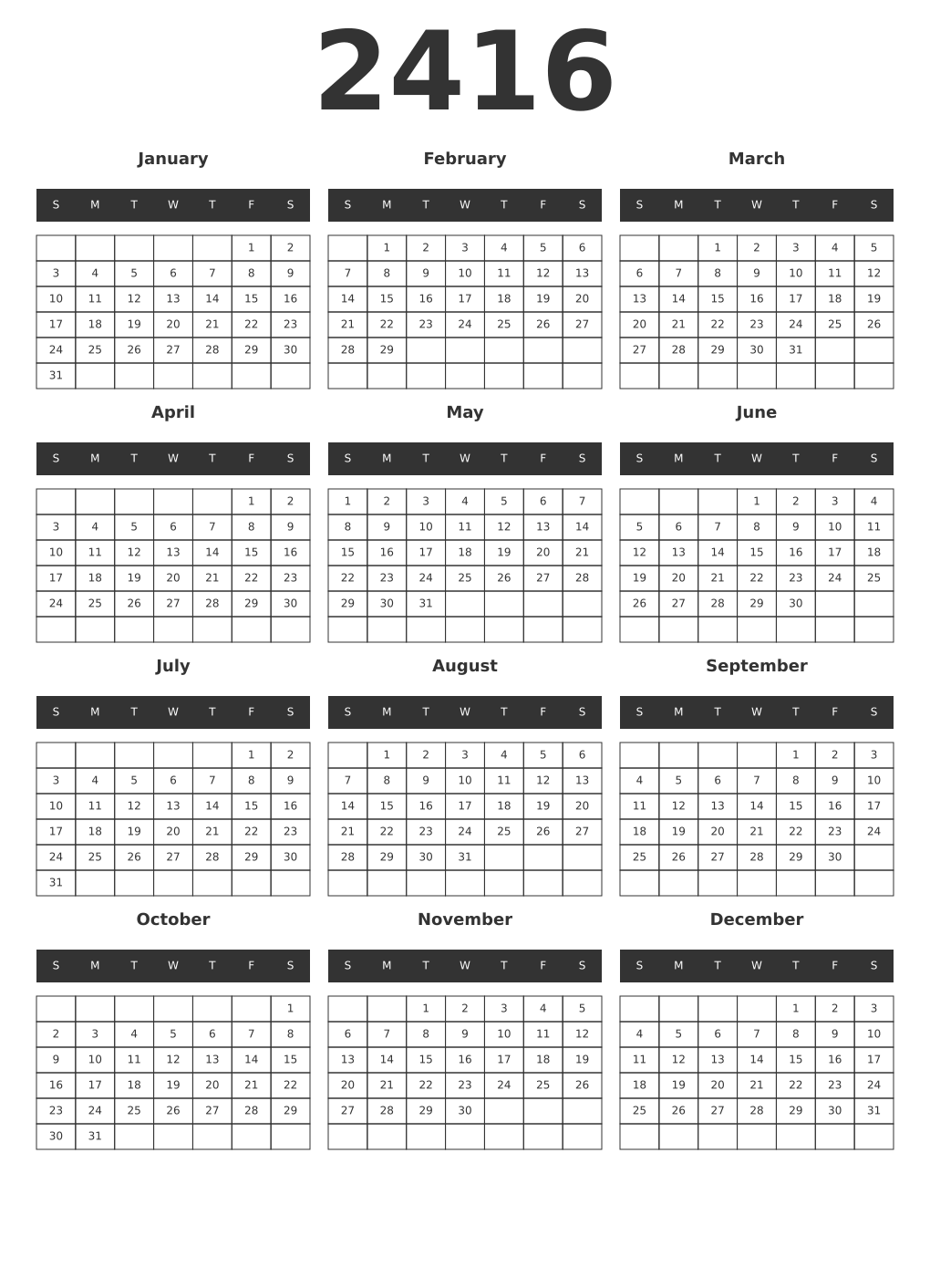 Printable 2416 Year Calendars dark