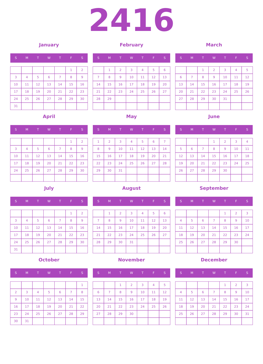 Printable 2416 Year Calendars purple