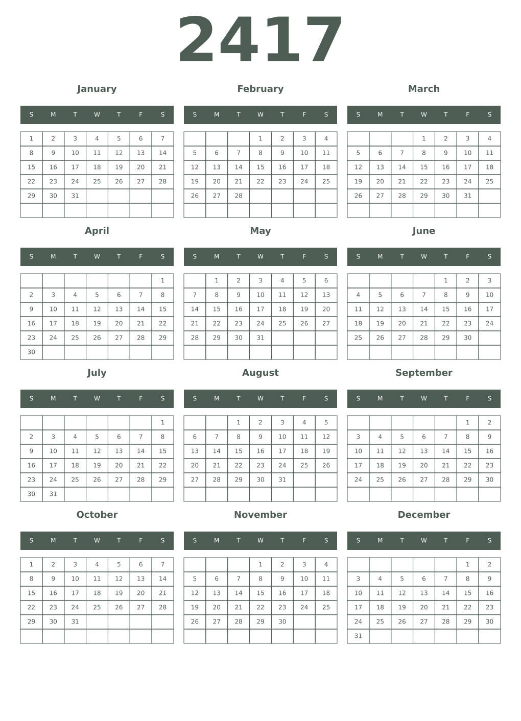 Printable 2417 Year Calendars feldgrau