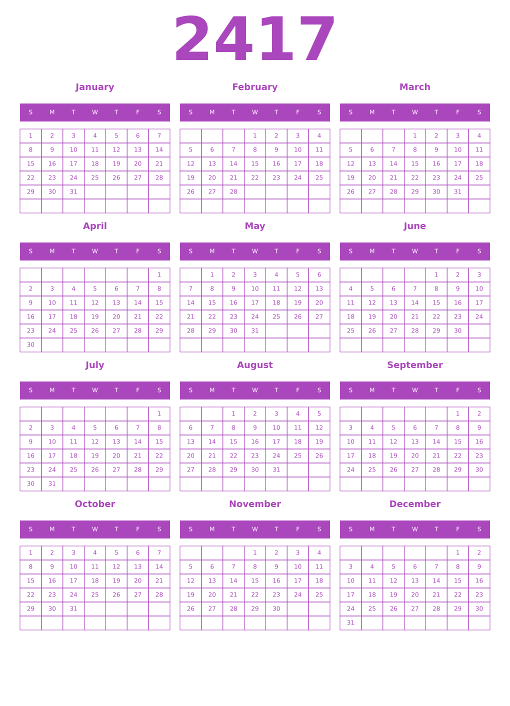 Printable 2417 Year Calendars purple