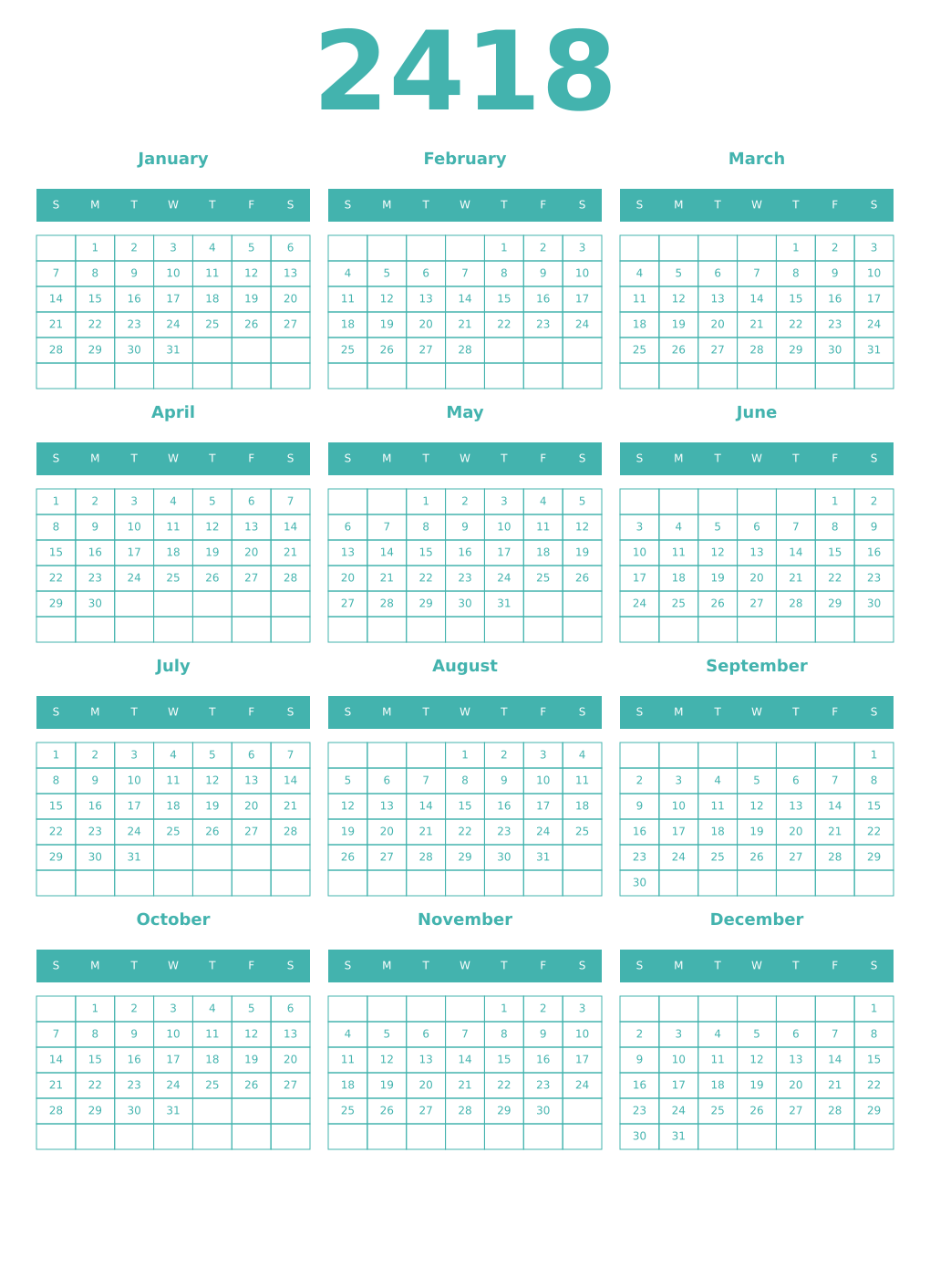 Printable 2418 Year Calendars verdigris