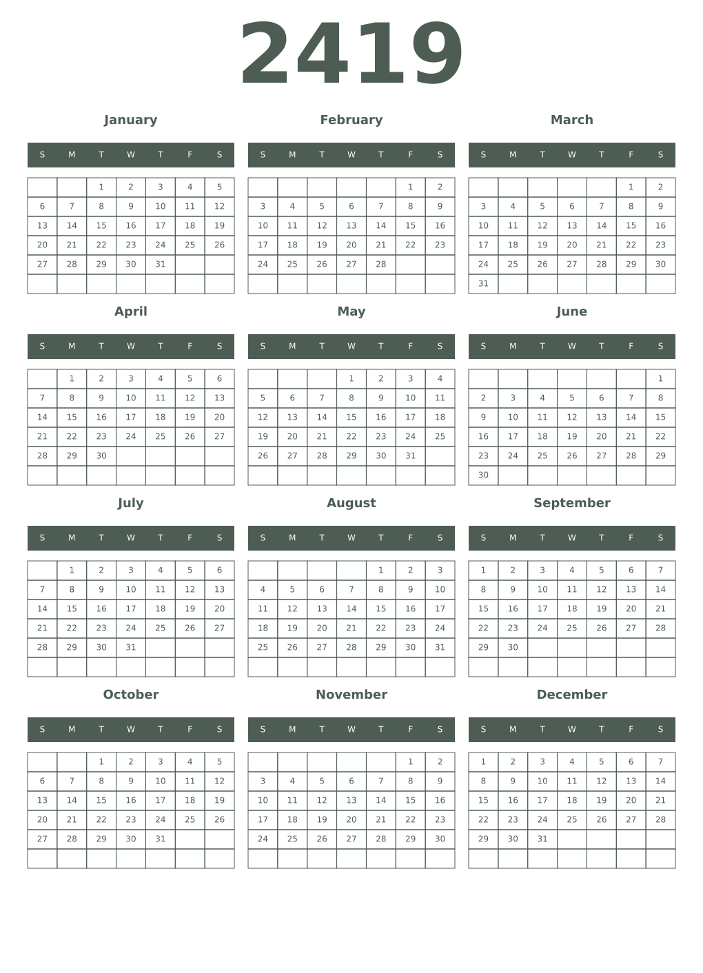 Printable 2419 Year Calendars feldgrau