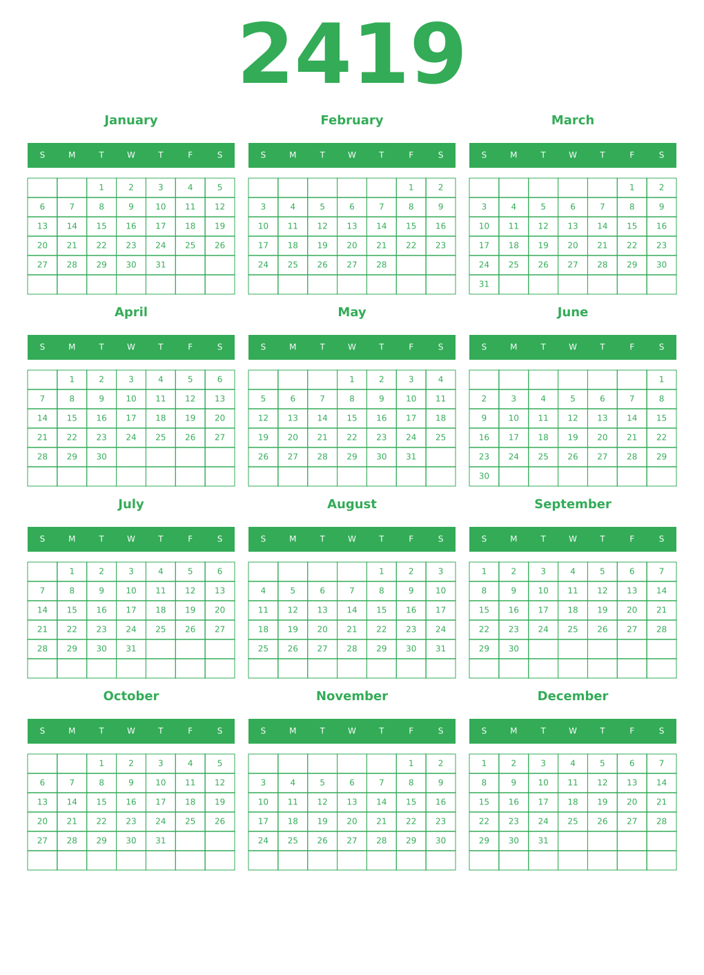 Printable 2419 Year Calendars green