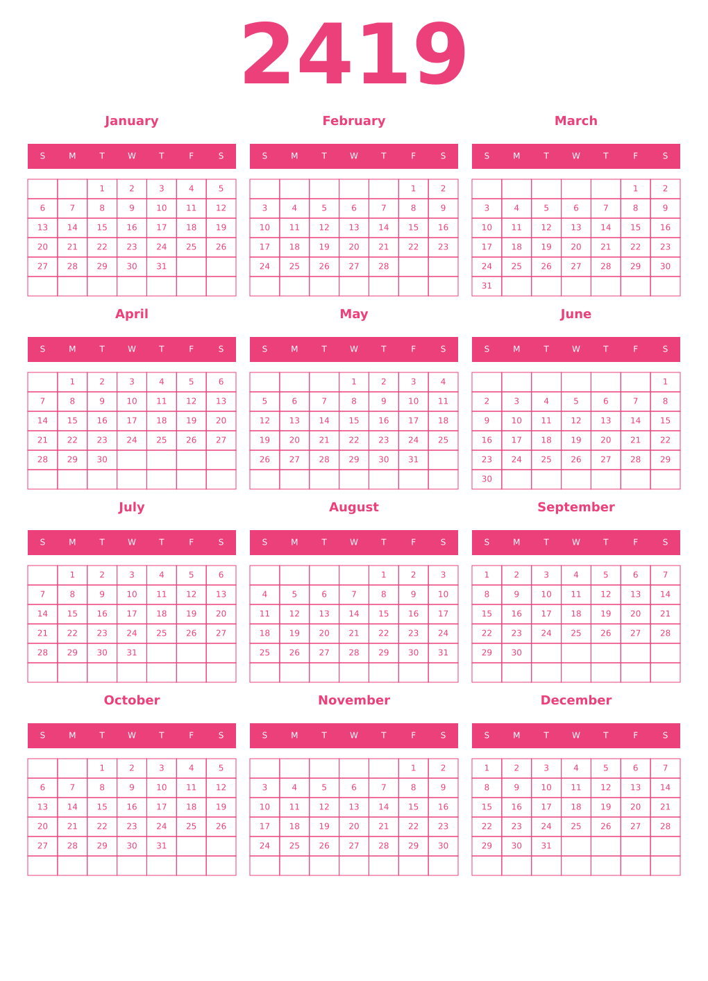 Printable 2419 Year Calendars pink
