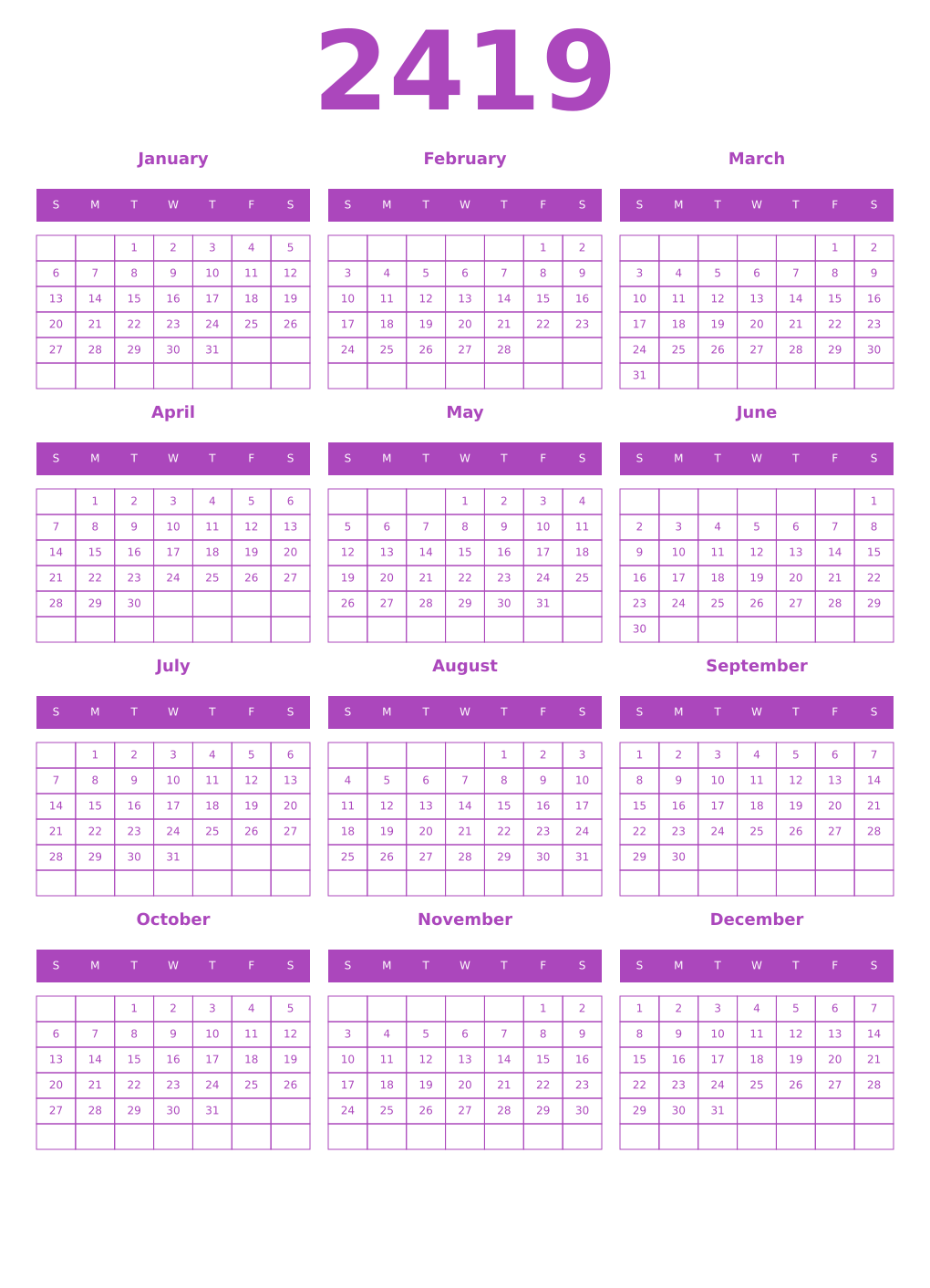 Printable 2419 Year Calendars purple