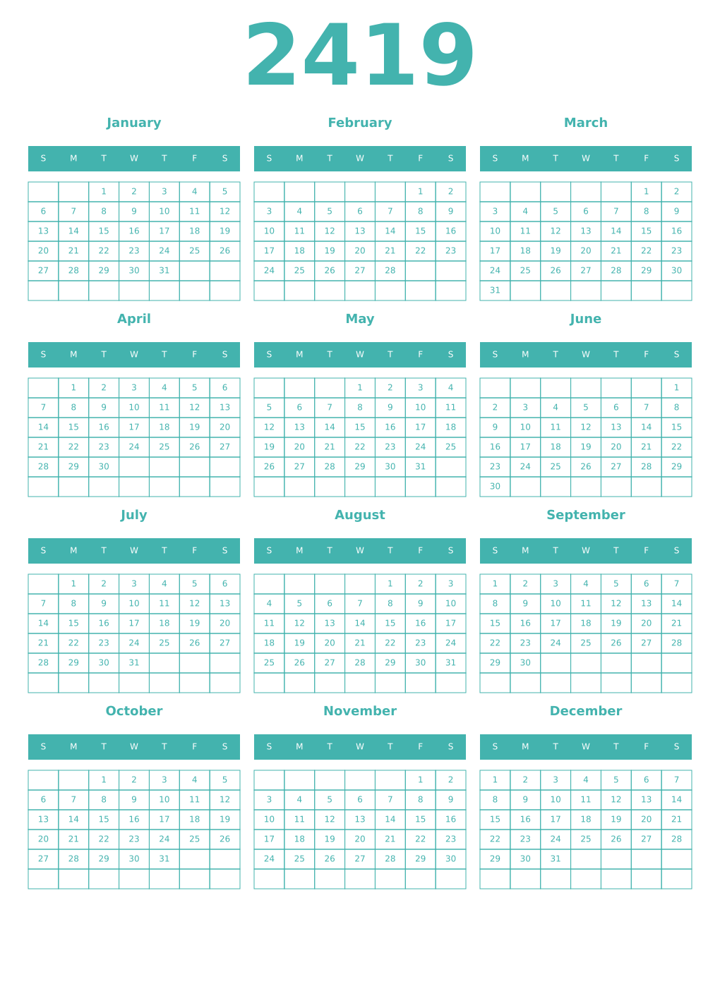 Printable 2419 Year Calendars verdigris