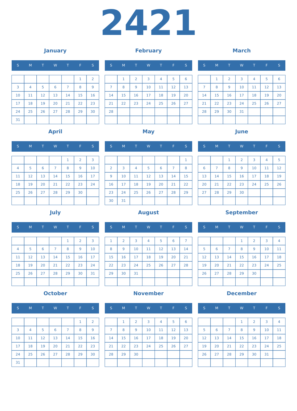 Printable 2421 Year Calendars blue