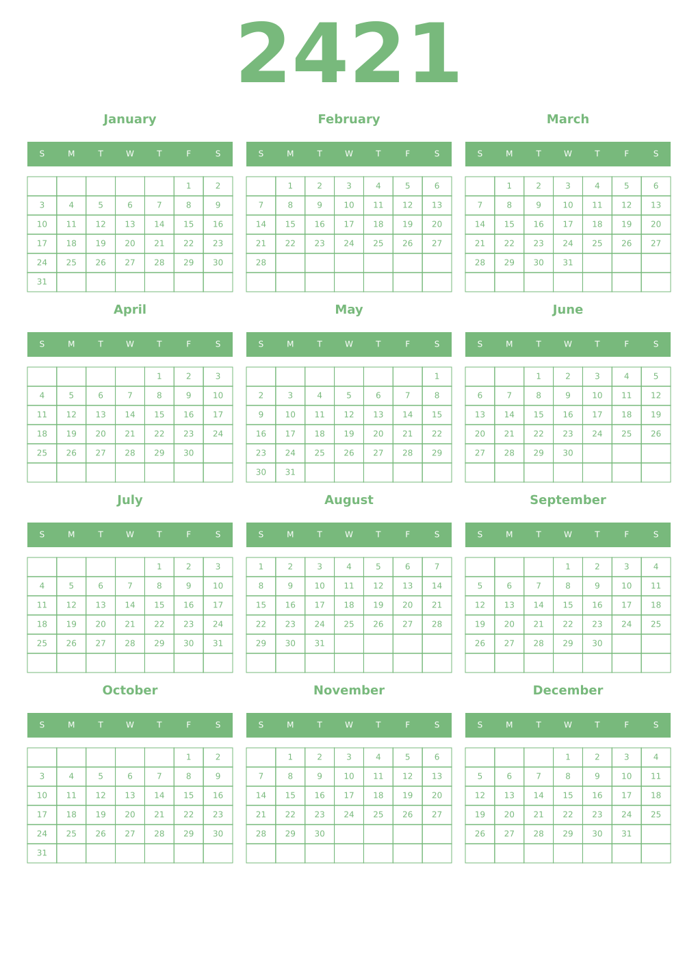 Printable 2421 Year Calendars celadon