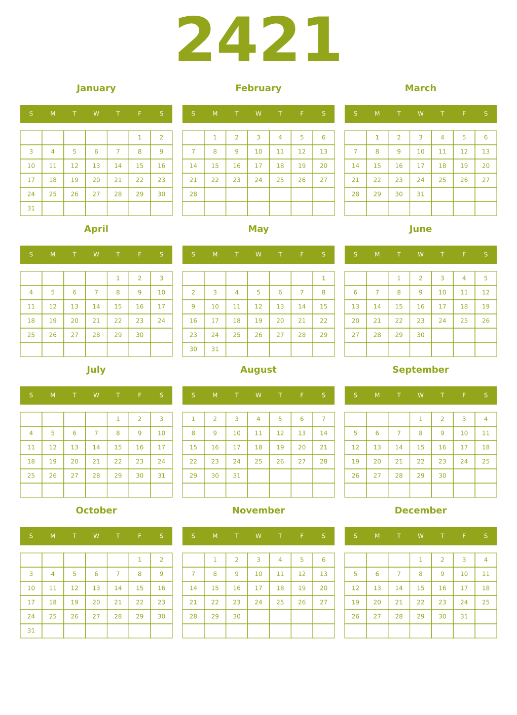 Printable 2421 Year Calendars chartreuse