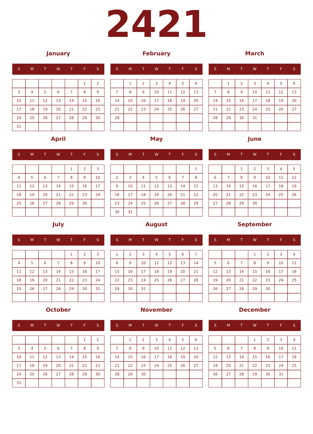 Printable 2421 Year Calendars falu