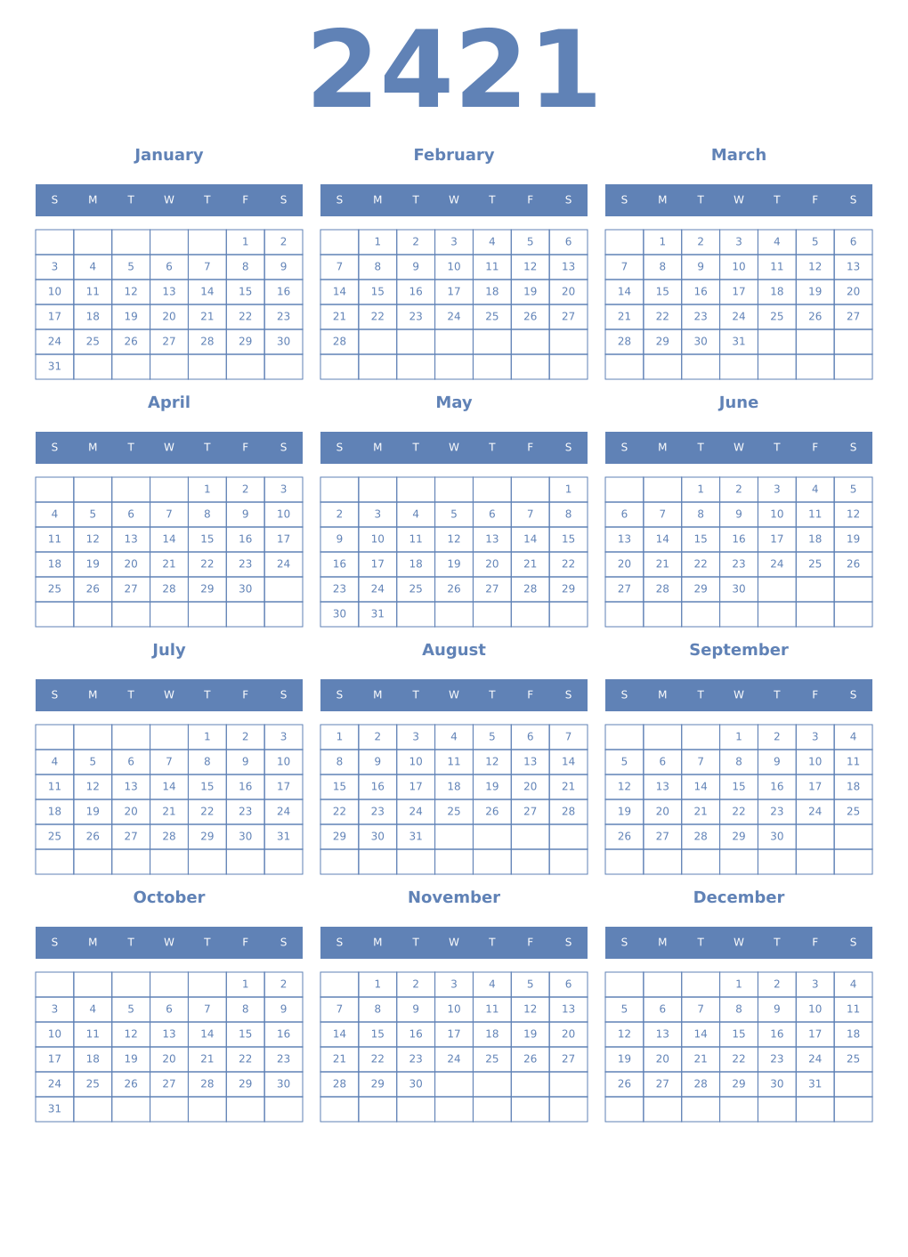 Printable 2421 Year Calendars glaucous