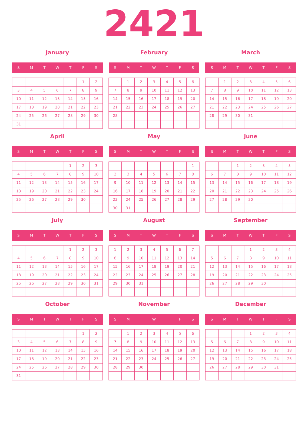 Printable 2421 Year Calendars pink