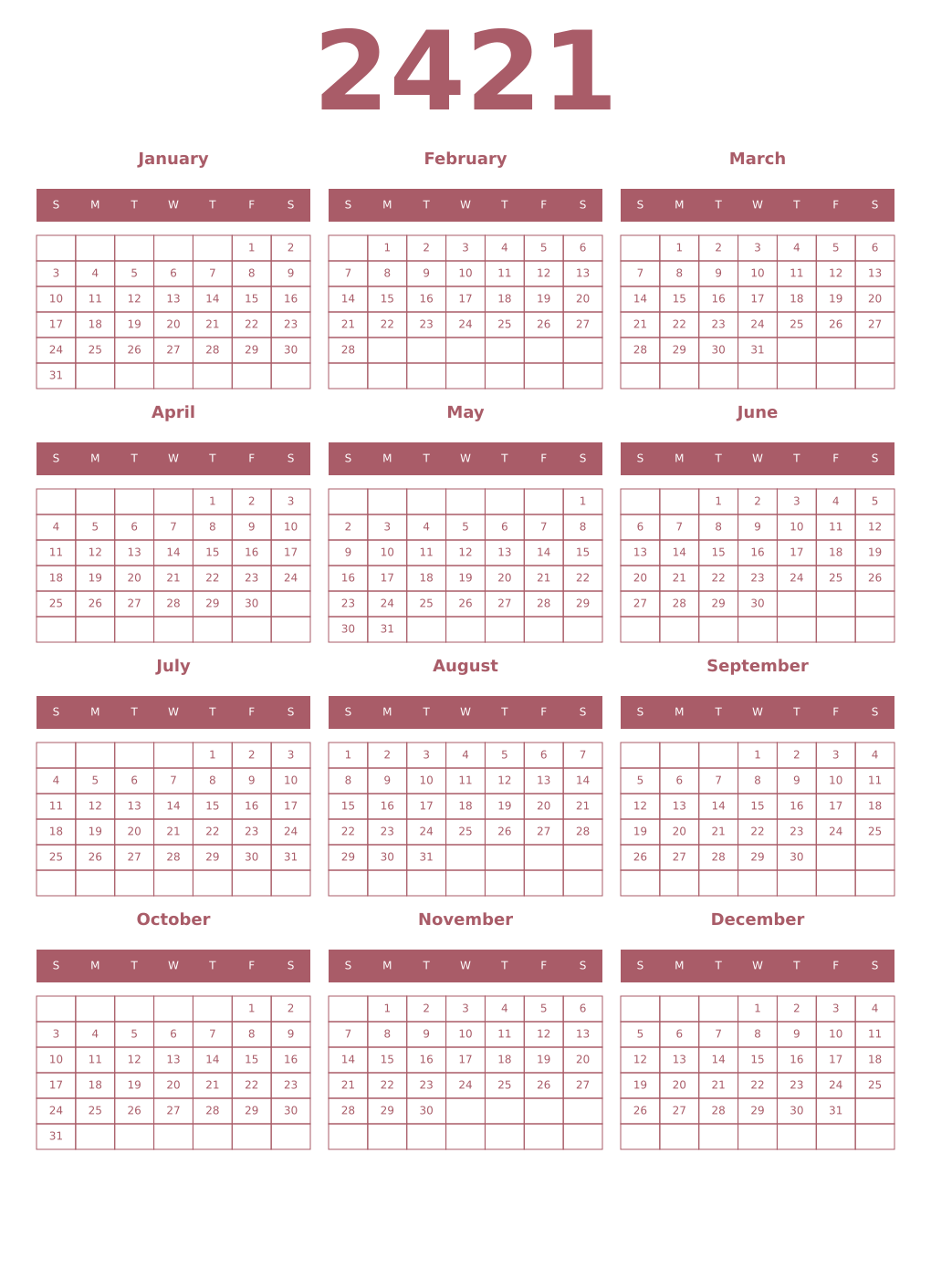 Printable 2421 Year Calendars puce