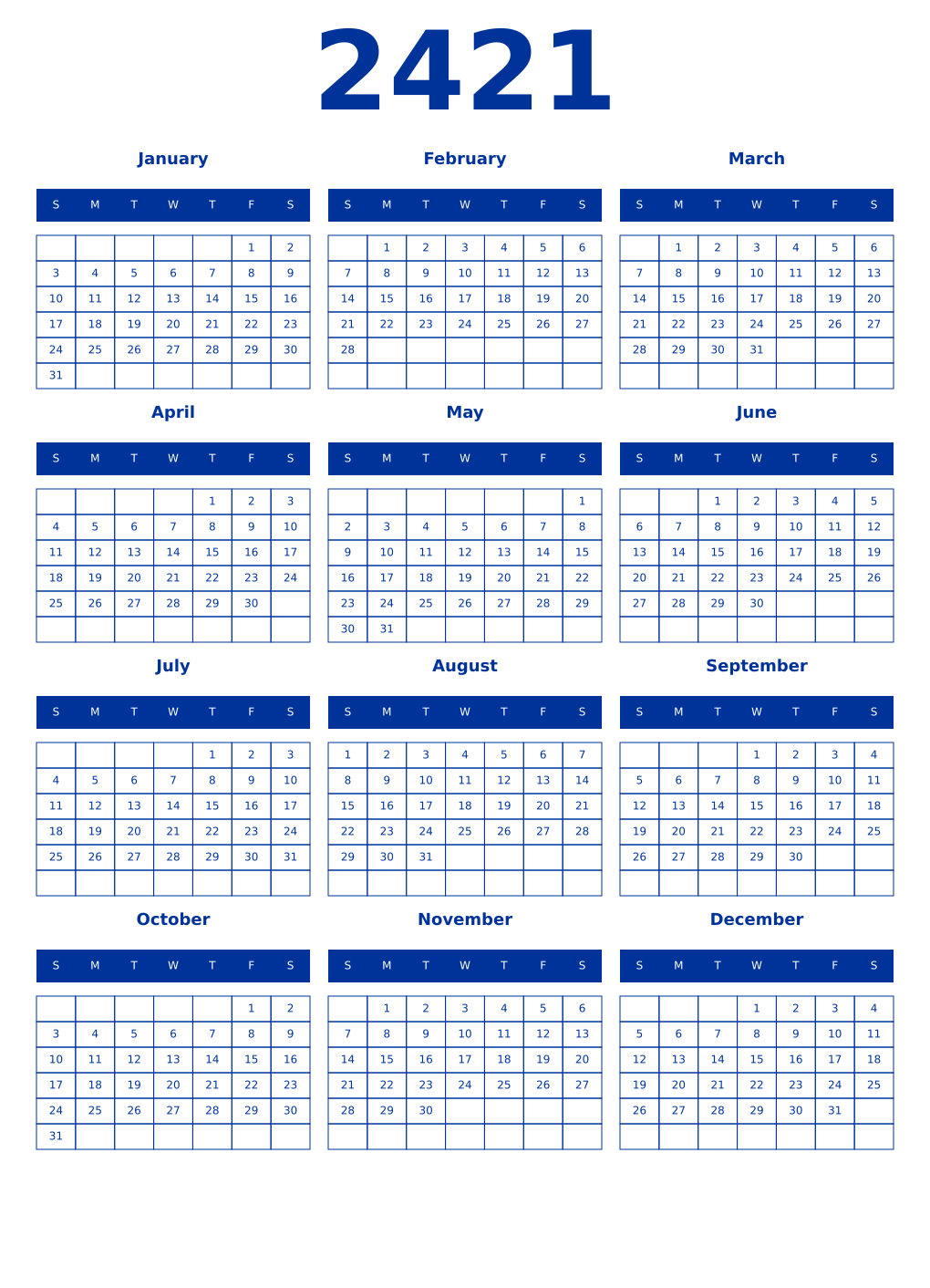 Printable 2421 Year Calendars smalt