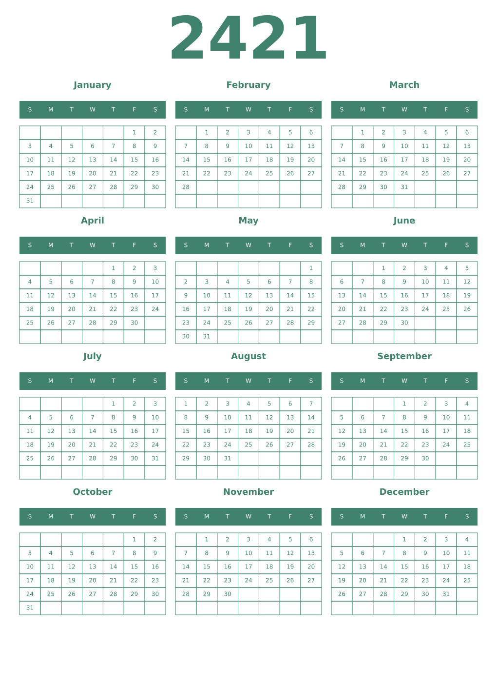 Printable 2421 Year Calendars viridian
