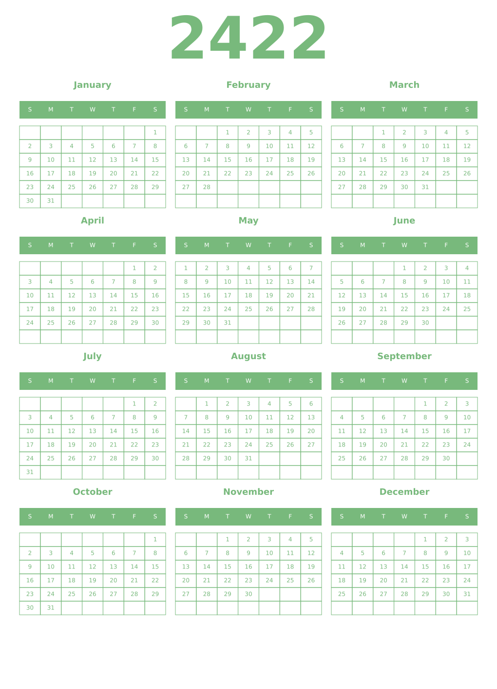 Printable 2422 Year Calendars celadon