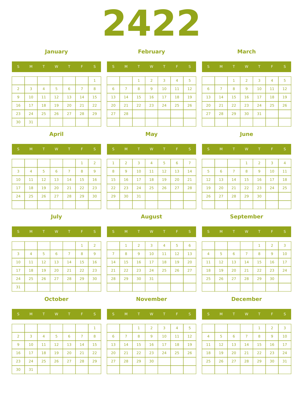 Printable 2422 Year Calendars chartreuse