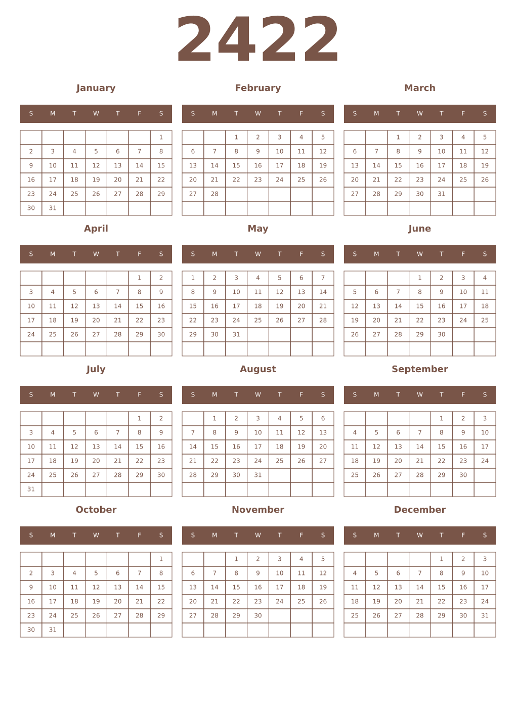 Printable 2422 Year Calendars coffe