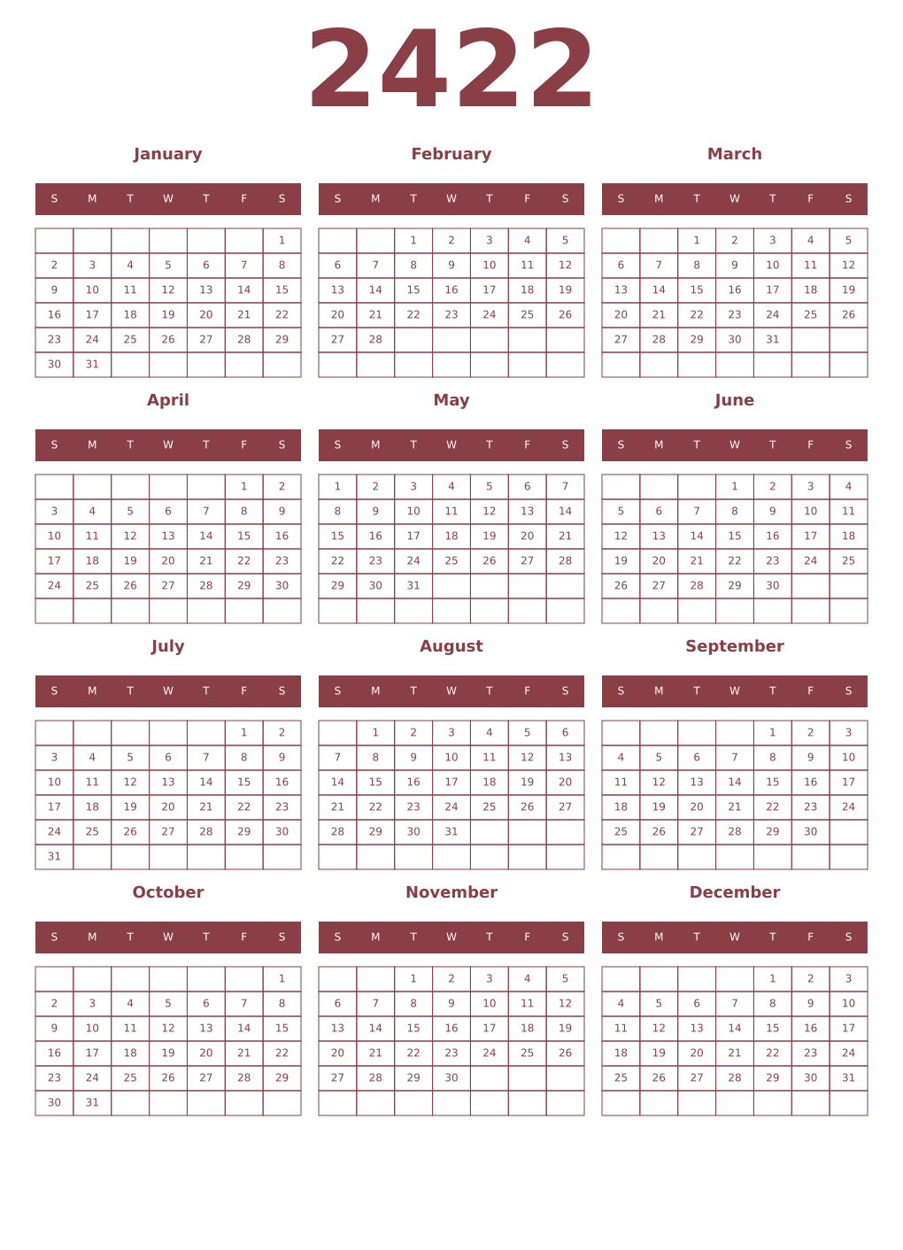 Printable 2422 Year Calendars cordovan