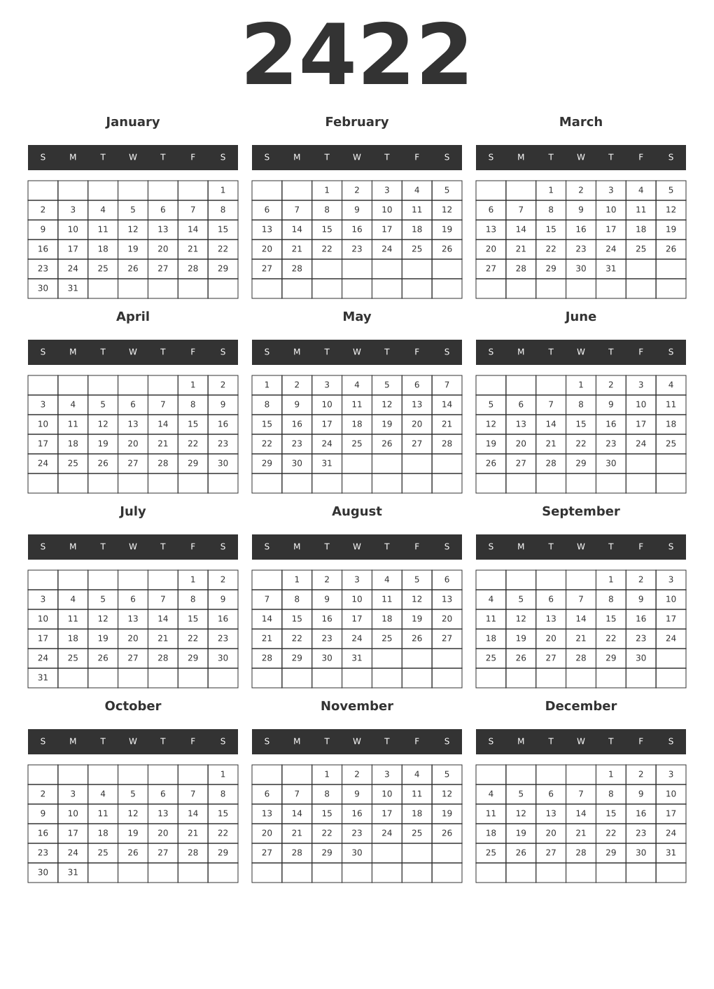 Printable 2422 Year Calendars dark