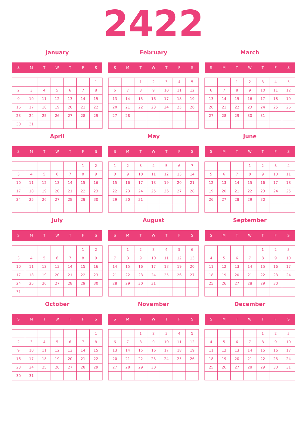Printable 2422 Year Calendars pink