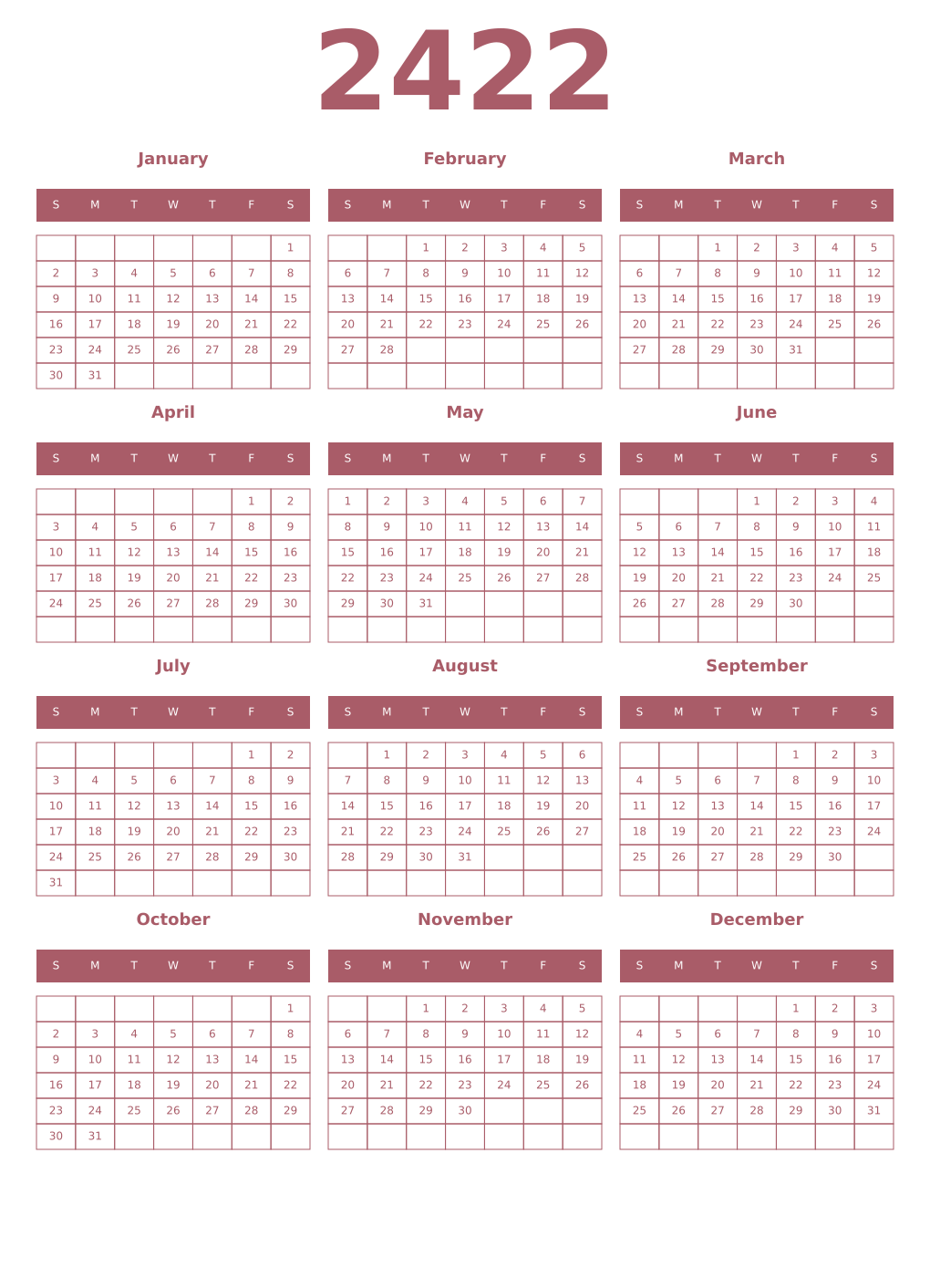 Printable 2422 Year Calendars puce