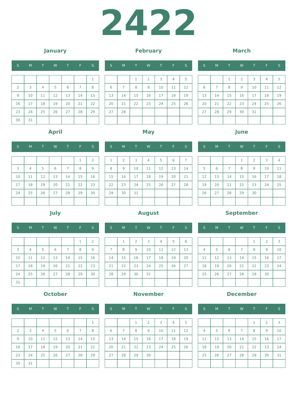Printable 2422 Year Calendars viridian