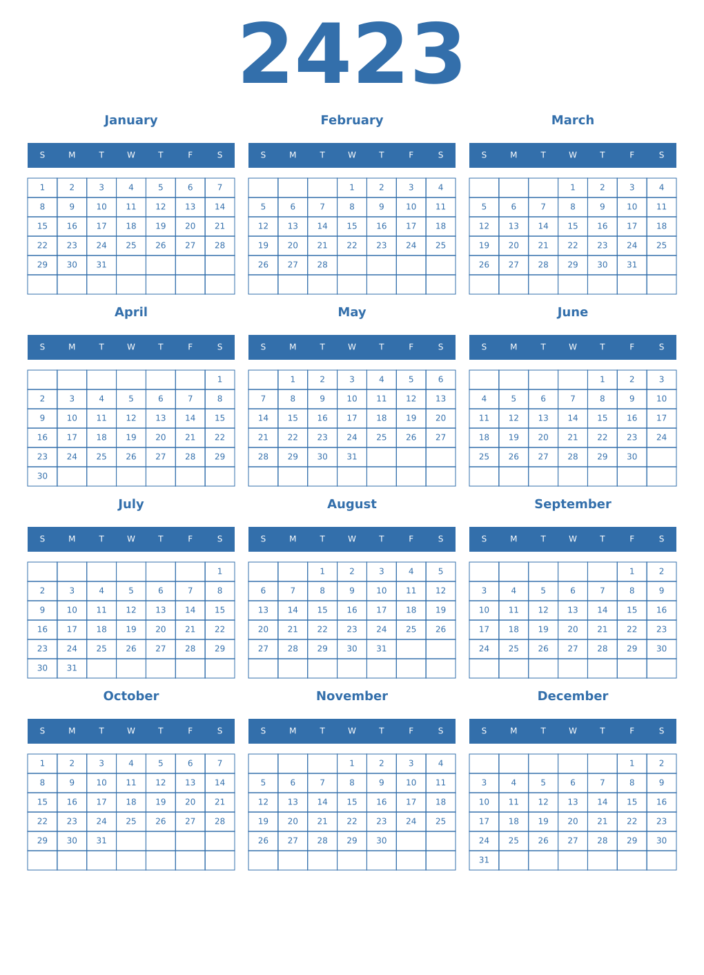 Printable 2423 Year Calendars blue