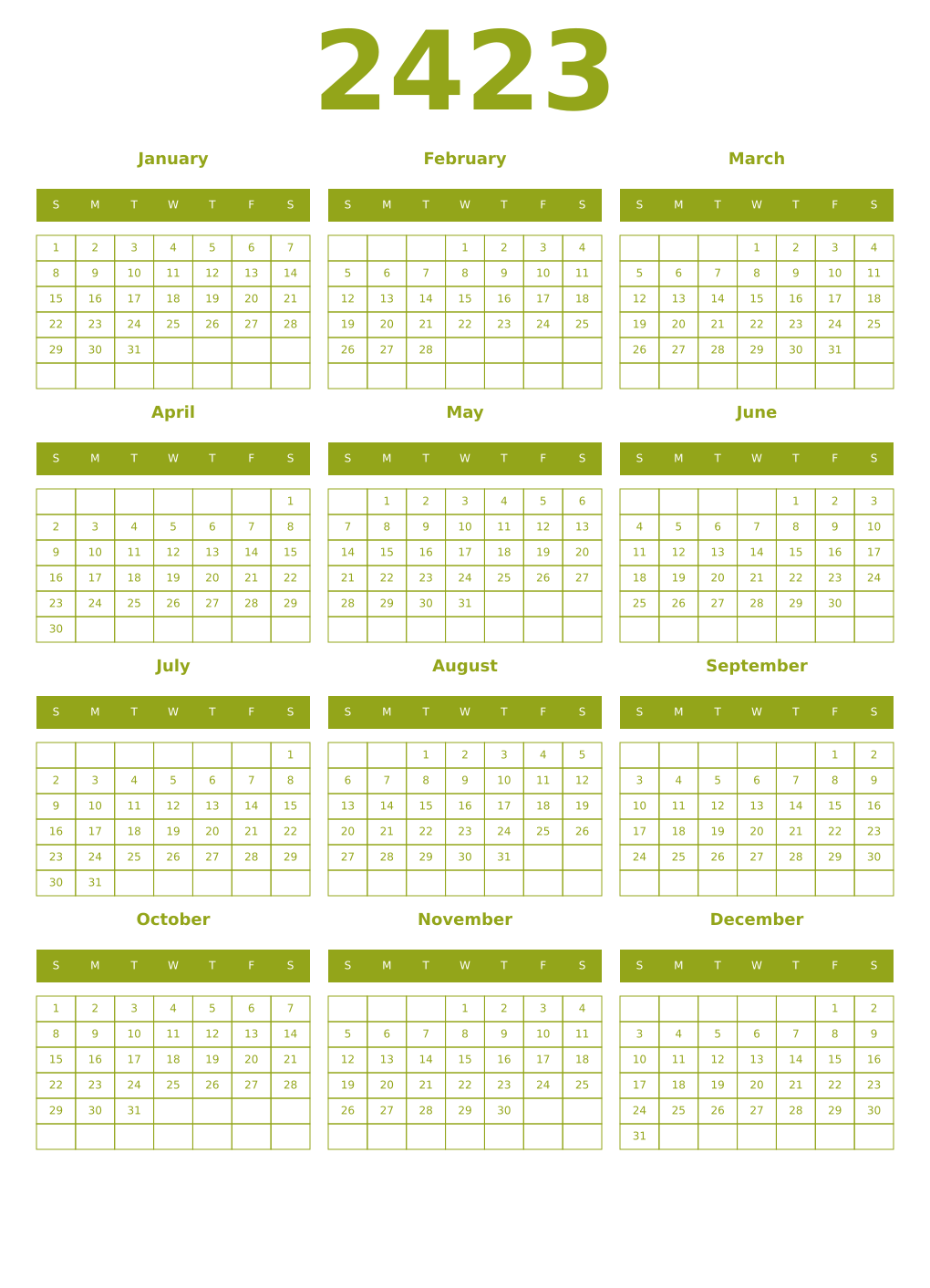 Printable 2423 Year Calendars chartreuse
