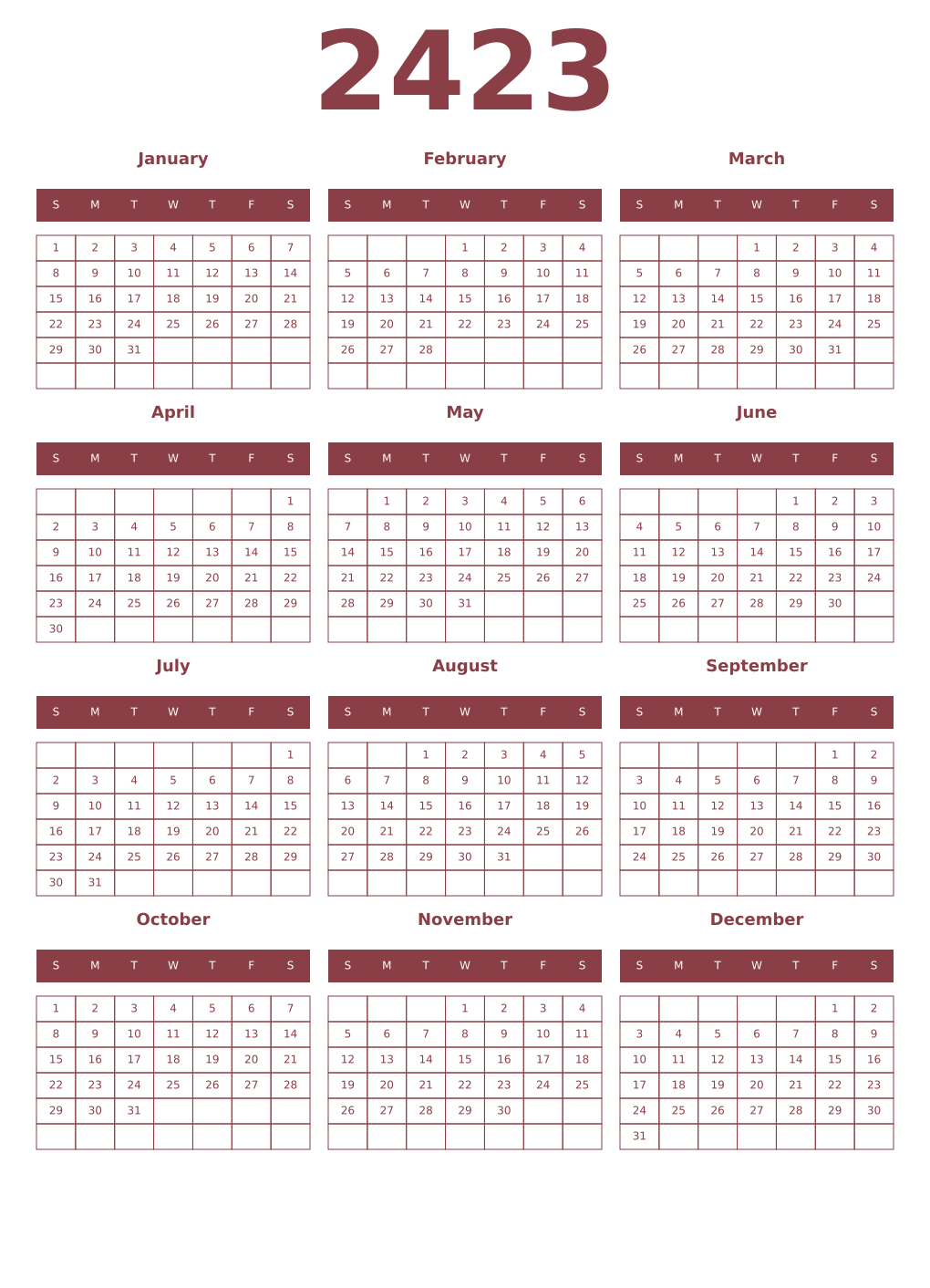 Printable 2423 Year Calendars cordovan